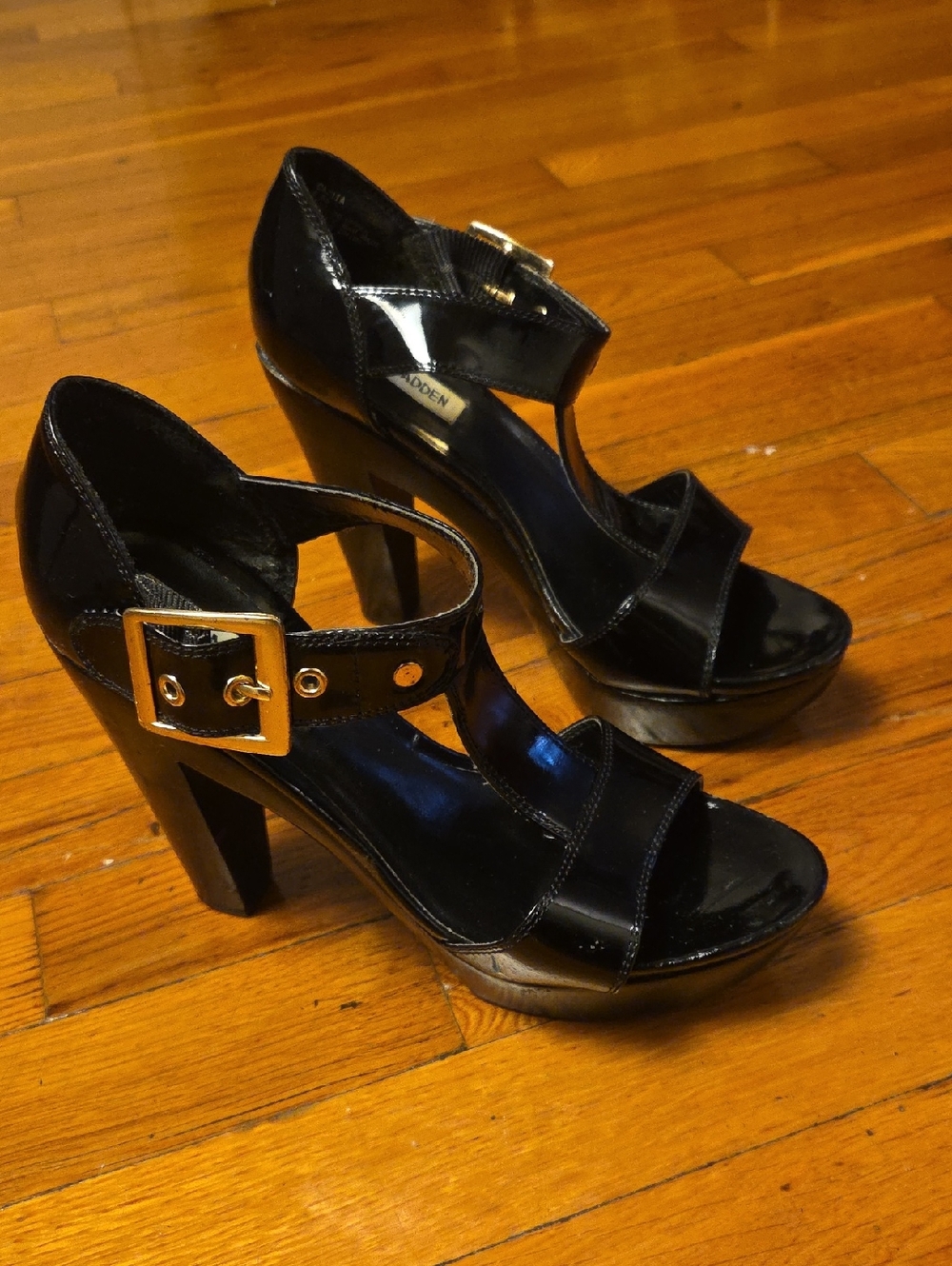 Steve Madden Black Patent Platform Sandals with Gold Buckle Accent